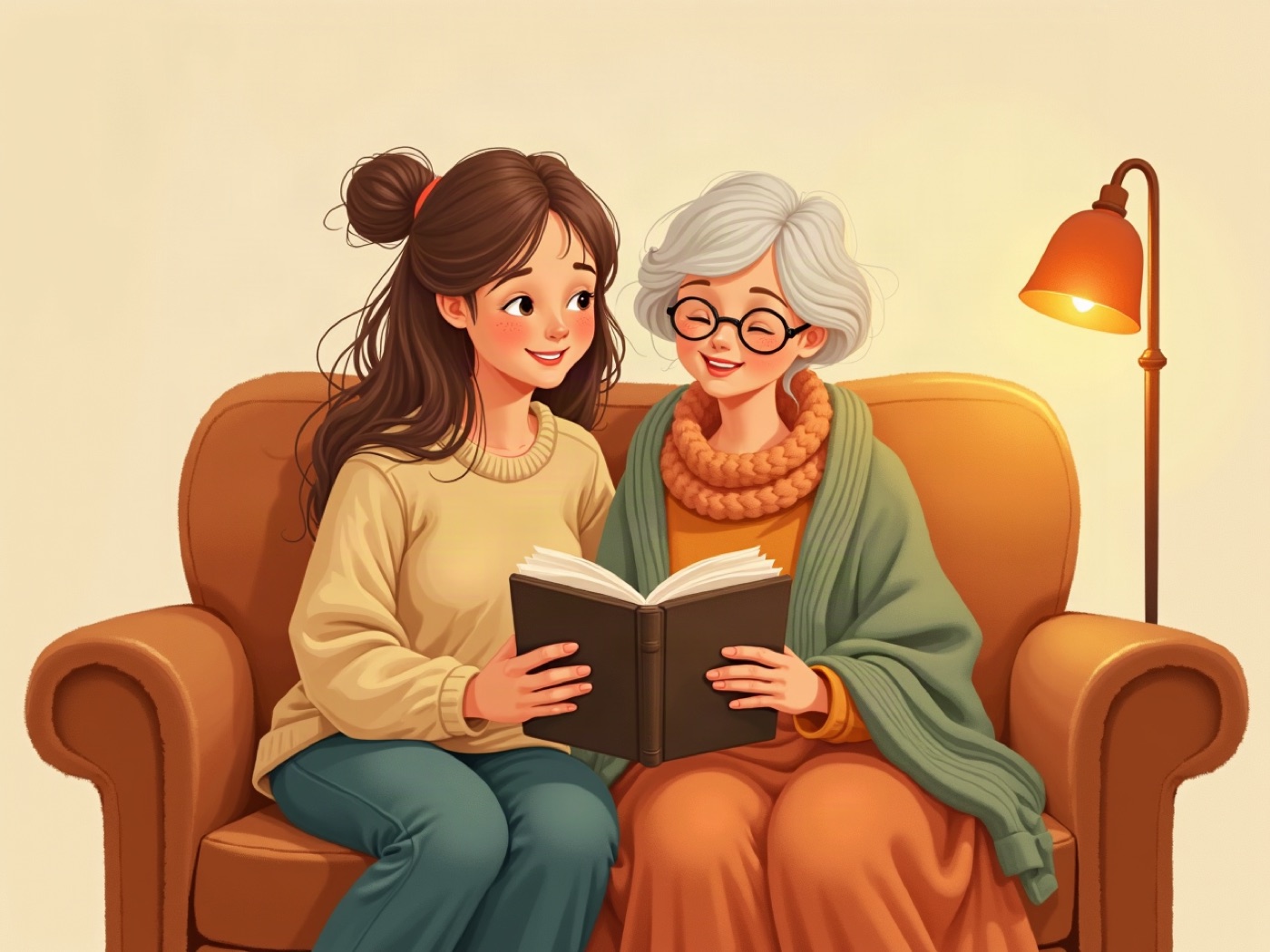 A young woman and her grandmother looking through a photo album together on a couch