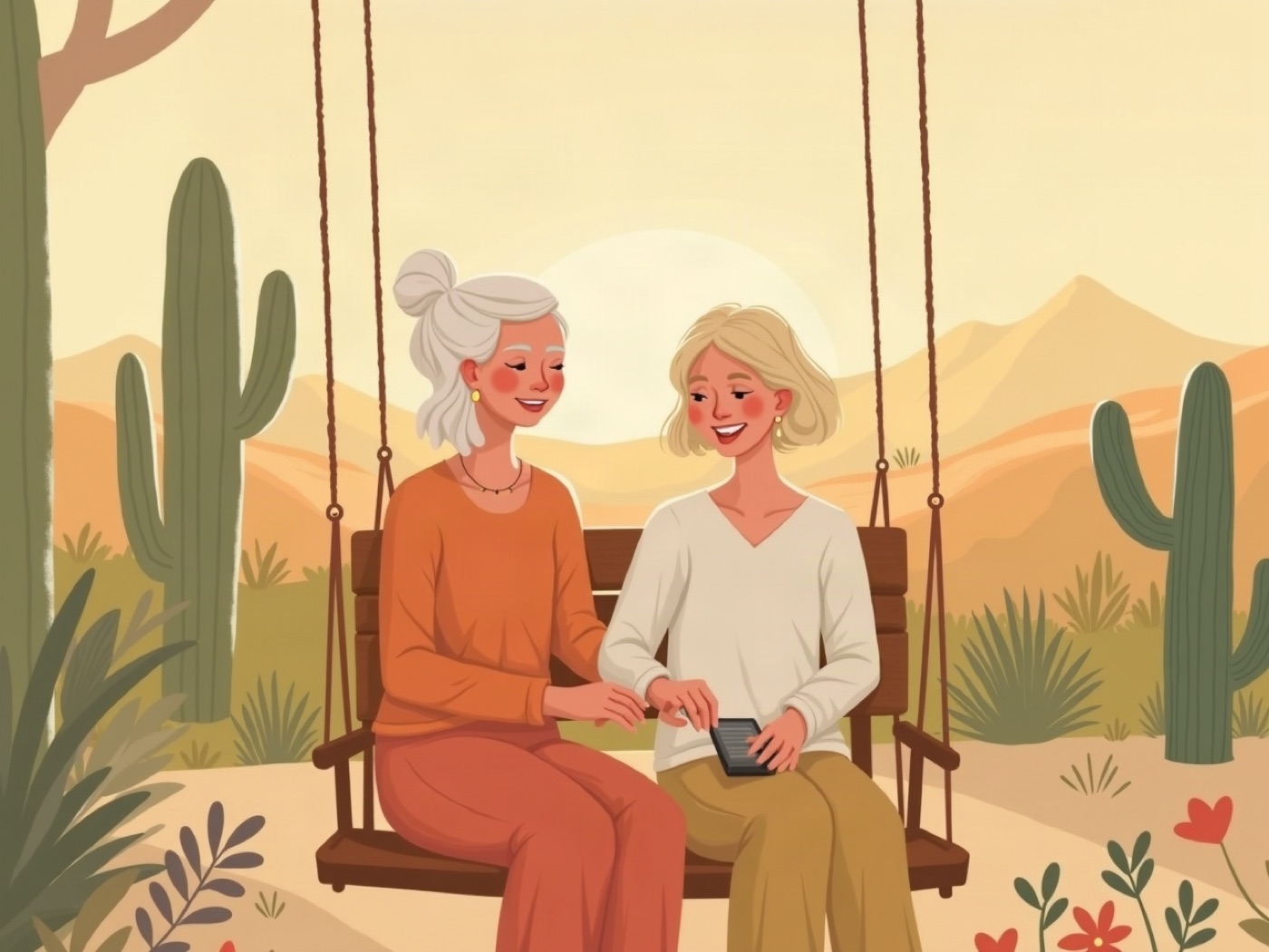 A daughter and her mother sitting together on a porch swing in the desert evening